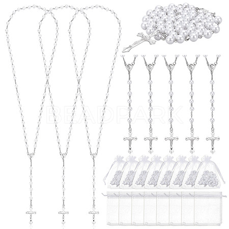 30Pcs Alloy & White Round ABS Imitation Pearl Jesus Cross Virgin Pendant Rosary Bead Necklaces NJEW-WA0001-03-1