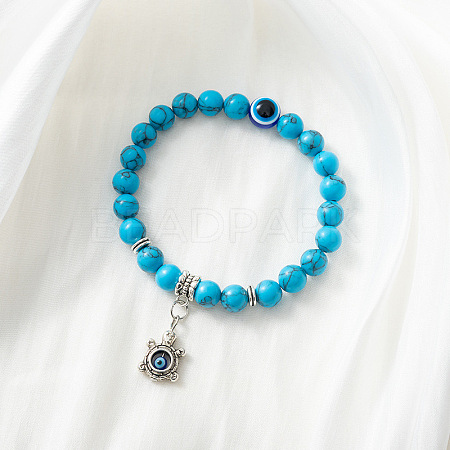 Synthetic Turquoise Stretch Bracelet with Evil Eye Charms SM1499-6-1