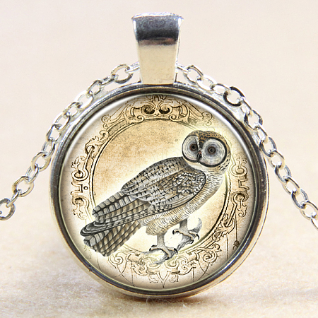 Owl Pattern Flat Round Glass Pendant Necklaces NJEW-N0051-055D-02-1