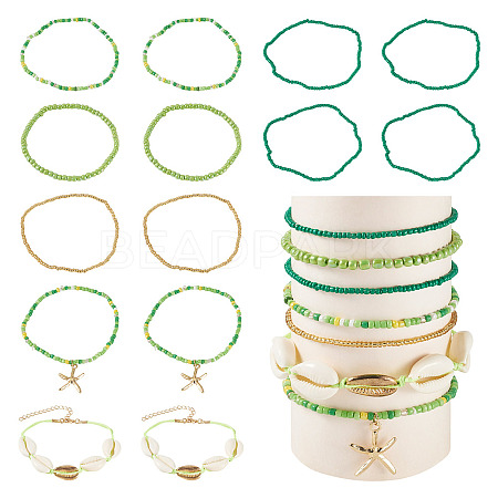2 Bags Summer Beach Glass Seed Beaded & Natural Shell & Alloy Starfish Charm Anklet Sets AJEW-TA0003-69E-1