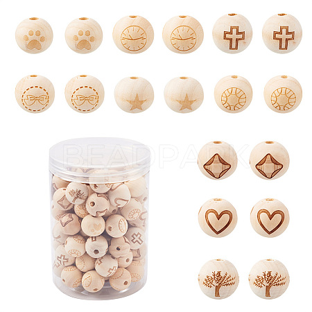 Fashewelry 90Pcs 9 Patterns Natural Theaceae Wood Beads WOOD-FW0001-05-1