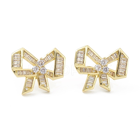 Bowknot Rack Plating Brass Cubic Zirconia Stud Earrings for Women EJEW-K245-07G-1