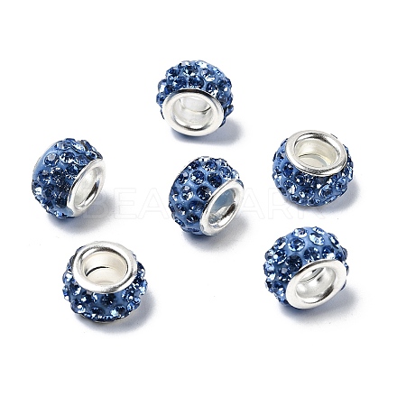 Polymer Clay Rhinestone European Large Hole Beads with Silver Color Plated Brass Cores FPDL-R002-08-1