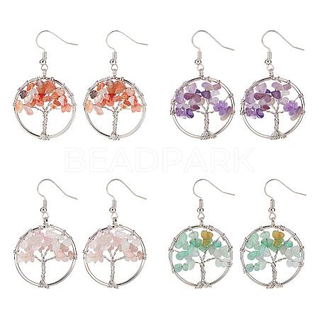 ANATTASOUL 4 Pairs 4 Style Natural Mixed Gemstone Chips Tree of Life Dangle Earrings EJEW-AN0002-48-1
