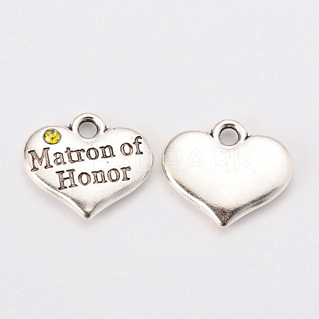 Wedding Theme Antique Silver Tone Tibetan Style Heart with Matron of Honor Rhinestone Charms X-TIBEP-N005-03B-1