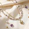 304 Stainless Steel Heart Pendant White Faux Pearl and Natural Amethyst Faceted Round Beaded Double Layer Necklaces for Women JN5423-1-2