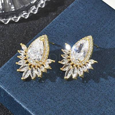 Brass & Clear Teardrop Cubic Zirconia Stud Earrings with Marquise Accents for Women KK-CBA36A2-12G-1