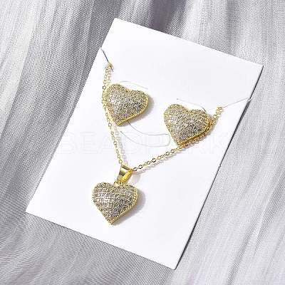 Heart Brass Micro Pave Cubic Zirconia Stud Earrings & Pendant Necklaces Sets SJEW-Z002-05G-1