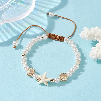 Adjustable Synthetic Turquoise & ABS Plastic Pearl Braided Bead Bracelet BJEW-JB10101-02-1