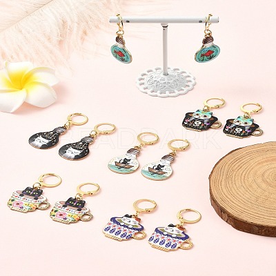 Cat Alloy Enamel Pendant Locking Stitch Markers HJEW-YW00021-1