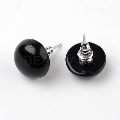 Half Round Dome Natural Dyed & Heated Black Agate Stud Earrings EJEW-L171-07-1