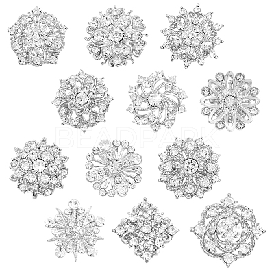 12Pcs Flower Alloy Rhinestone Brooches for Clothes JEWB-WH0020-073S-1