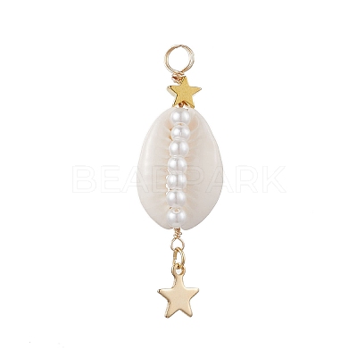 3Pcs 3 Styles Natural Cowrie Shell Copper Wire Wrapped Glass Pearl Pendants PALLOY-JF03503-1