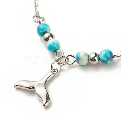 304 Stainless Steel Whale Tail Charm Anklet with Round Natural White Jade Beads for Women AJEW-AN00498-01-1