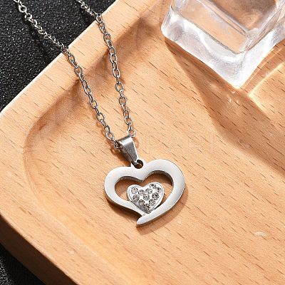 304 Stainless Steel Crystal Rhinestone Heart Pendant Cable Chain Necklaces for Women NJEW-Z056-01D-P-1