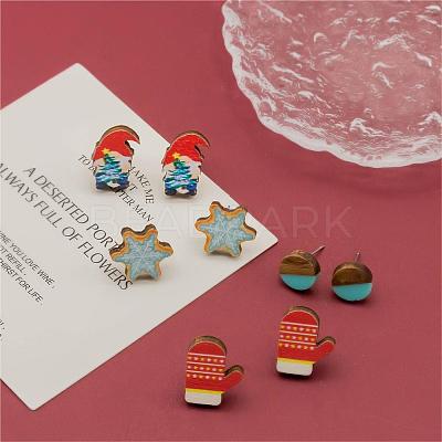 4 Pairs Snowflake & Glove & Christmas Gnome Printed Wood Stud Earrings EJEW-OY001-04-1