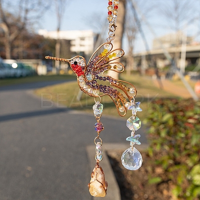 Wire Wrapped Glass Beads & Metal Bird Hanging Ornaments PW-WG06B21-01-1