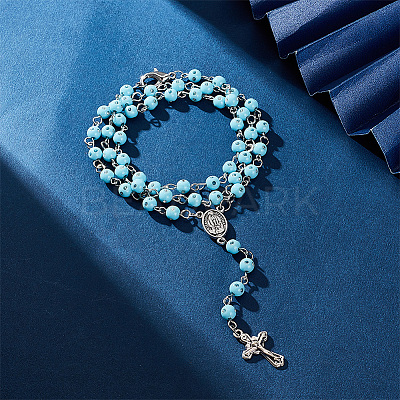 Sky Blue Acrylic Rosary Bead Necklaces NJEW-AB00002-1