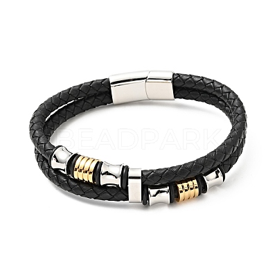 Cowhide Braided Double Layer Bracelet with 304 Stainless Steel Magnetic Clasps BJEW-H552-03PG-1