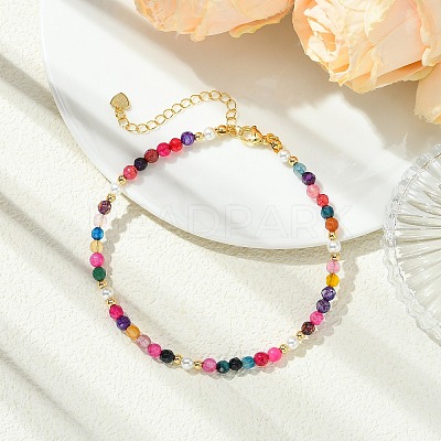 Faceted Round Natural Agate(Dyed & Heated) & Shell Pearl & Brass Beaded Anklets AJEW-AN00881-1