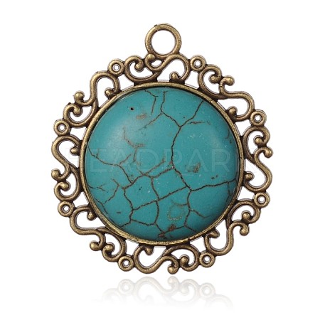 Flat Round Antique Bronze Plated Alloy Synthetic Turquoise Pendants PALLOY-F071-01AB-NF-1