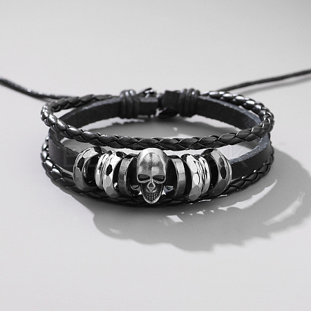 Cowhide & PU Leather Braided Triple Layer Multi-strand Bracelet LS-PW-WG64555-01-1