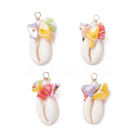 Natural Cowrie Shell & Dyed Natural Trochid Shell Nuggets Beaded Pendants PALLOY-JF04584-01-1