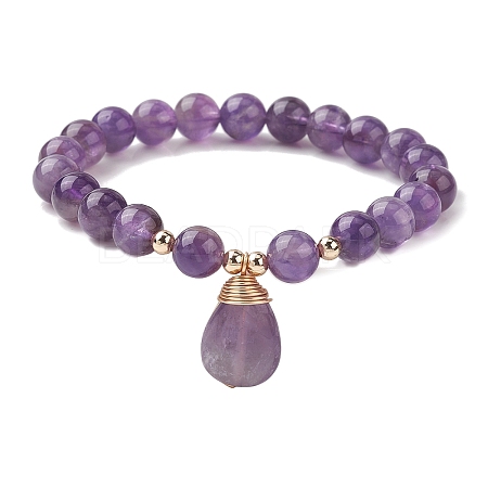 Natural Amethyst Stretch Bracelets with Teardrop Charms for Women BJEW-JB10110-05-1