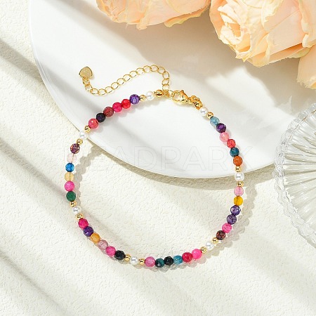 Faceted Round Natural Agate(Dyed & Heated) & Shell Pearl & Brass Beaded Anklets AJEW-AN00881-1
