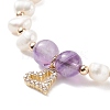 Gemstone & Pearl Beaded Bracelet with Cubic Zirconia Heart Charm BJEW-JB08167-5