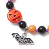 Halloween Theme Baking Paint Glass & Natural Black Onyx(Dyed & Heated) & Synthetic Turquoise Pumpkin Round Beaded Stretch Bracelets BJEW-MZ00188-01-3
