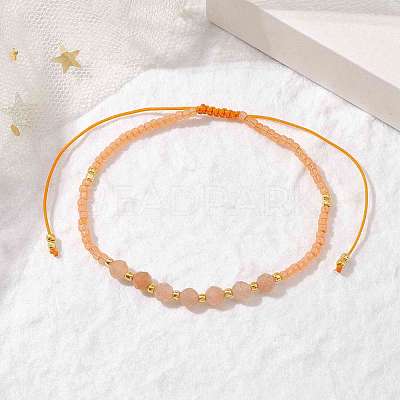 Adjustable Natural Sunstone & Seed Braided Bead Bracelets BJEW-JB10181-02-1