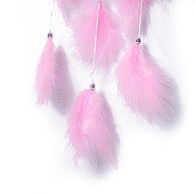 Handmade Flower Woven Net/Web with Feather Wall Hanging Decoration HJEW-A001-03A-1