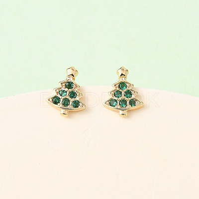 Brass Micro Pave Cubic Zirconia Charistmas Tree Stud Earrings EJEW-L278-09G-1