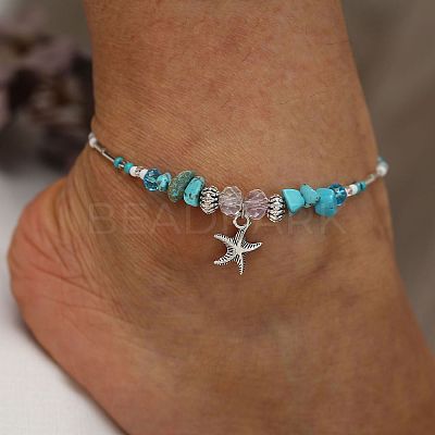 Synthetic Turquoise Chips Beads Anklets WGE754A-01-1