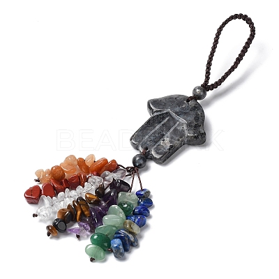Hamsa Hand/Hand of Miriam Natural Labradorite Pendant Decorations HJEW-R127-02F-1