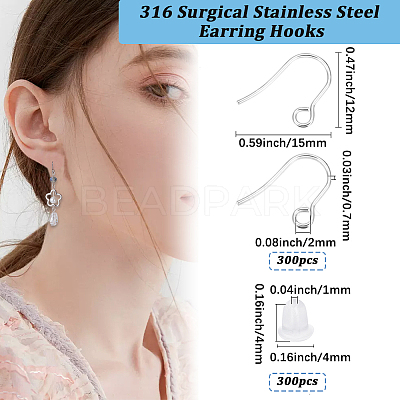 300Pcs 316 Surgical Stainless Steel Earring Hooks STAS-BBC0010-62P-1