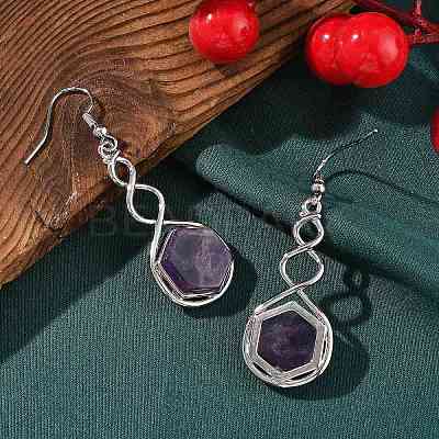 Hexagon Natural Amethyst Dangle Earrings EJEW-K298-01P-01-1