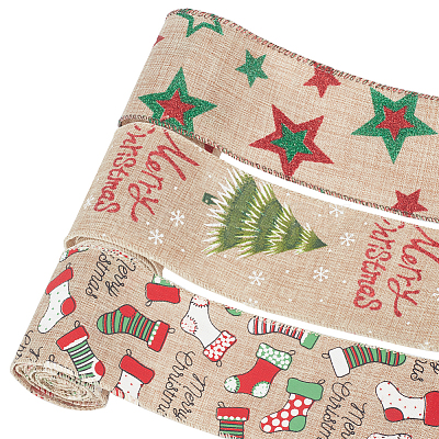 3Pcs 3 Styles Christmas Theme Burlap Ribbon Jute Ribbon OCOR-FG0001-63-1