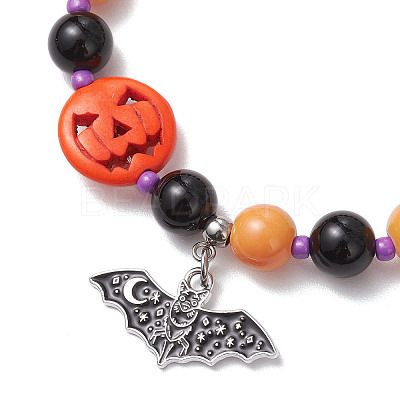 Halloween Theme Baking Paint Glass & Natural Black Onyx(Dyed & Heated) & Synthetic Turquoise Pumpkin Round Beaded Stretch Bracelets BJEW-MZ00188-01-1