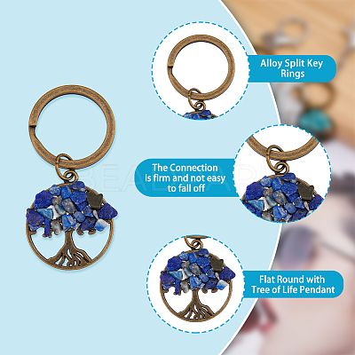 Gemstone Chip Flat Round with Tree of Life Pendant Keychain KEYC-AB00027-1