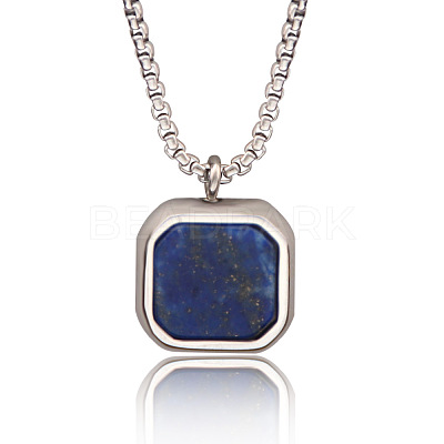 304 Stainless Steel Pave Natural Lapis Lazuli Square Pendant Necklaces FS-WG8D101-03-1