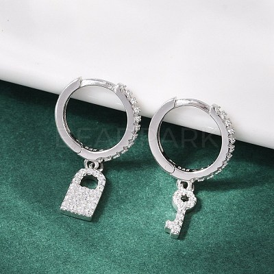 Lock & Key 925 Sterling Silver Micro Pave Clear Cubic Zirconia Hoop Earrings for Women EJEW-G427-01P-03-1