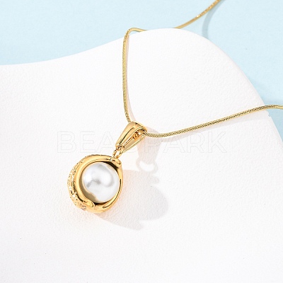 304 Stainless Steel & Acrylic Imitation Pearl Moon Pendant Snake Chain Necklaces for Women NJEW-F354-08G-1