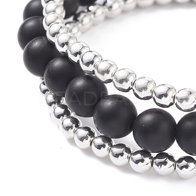 3Pcs 3 Style Round Synthetic Black Stone & Hematite Beaded Stretch Bracelets Set BJEW-JB07688-03-1