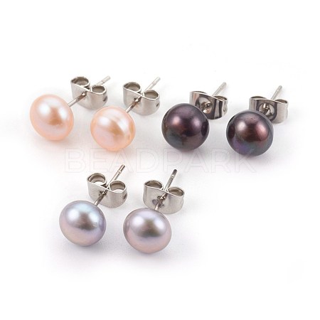 Natural Pearl Beads Ear Studs EJEW-JE02880-1