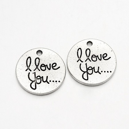 Flat Round with I Love You Tibetan Style Alloy Pendants TIBEP-N008-12AS-RS-1