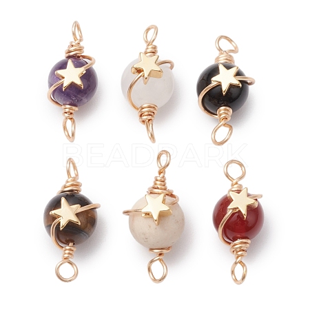 Natural Amethyst/Carnelian/Fossil/Black Onyx(Dyed & Heated)/White Jade/Tiger Eye Round Copper Wire Wrapped Connector Charms PALLOY-JF03035-1