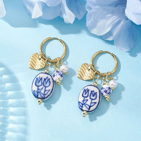 Oval with Flower Pattern 304 Stainless Steel Hoop Earrings EJEW-JE06737-01-1