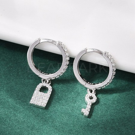 Lock & Key 925 Sterling Silver Micro Pave Clear Cubic Zirconia Hoop Earrings for Women EJEW-G427-01P-03-1